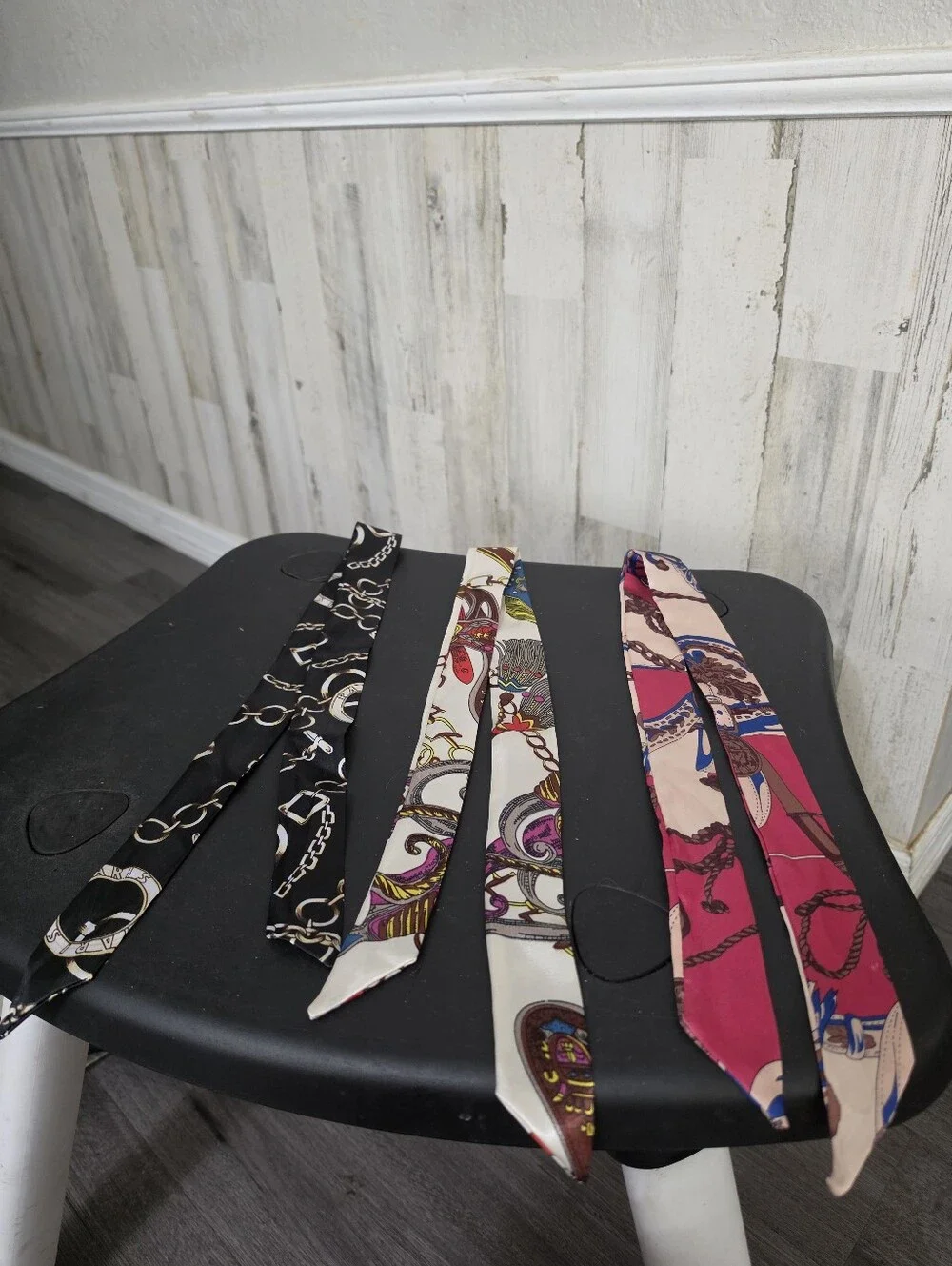 THREE Silky Multicolor Patterned Skinny Scarves / Twillies - NWOT